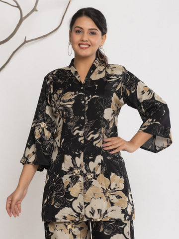 Varanga Women Floral Printed Front Placket Shirt with Flared Palazzo